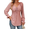 thumbnail image 4 of Hibeli Women Drawstring V Neck Ruffle Long Sleeve Tunic Jacquard Solid Color Top, 4 of 7