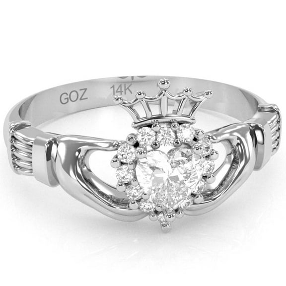 Claddagh White Topaz Diamond Ring In Solid 14k White Gold