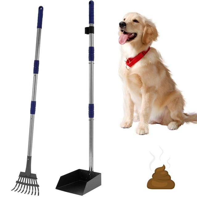 HLONK Pooper Scooper Pet Pooper Scooper Dog Pooper Scoop Set with Metal Scooper Tray and Rake Long Handle Blue