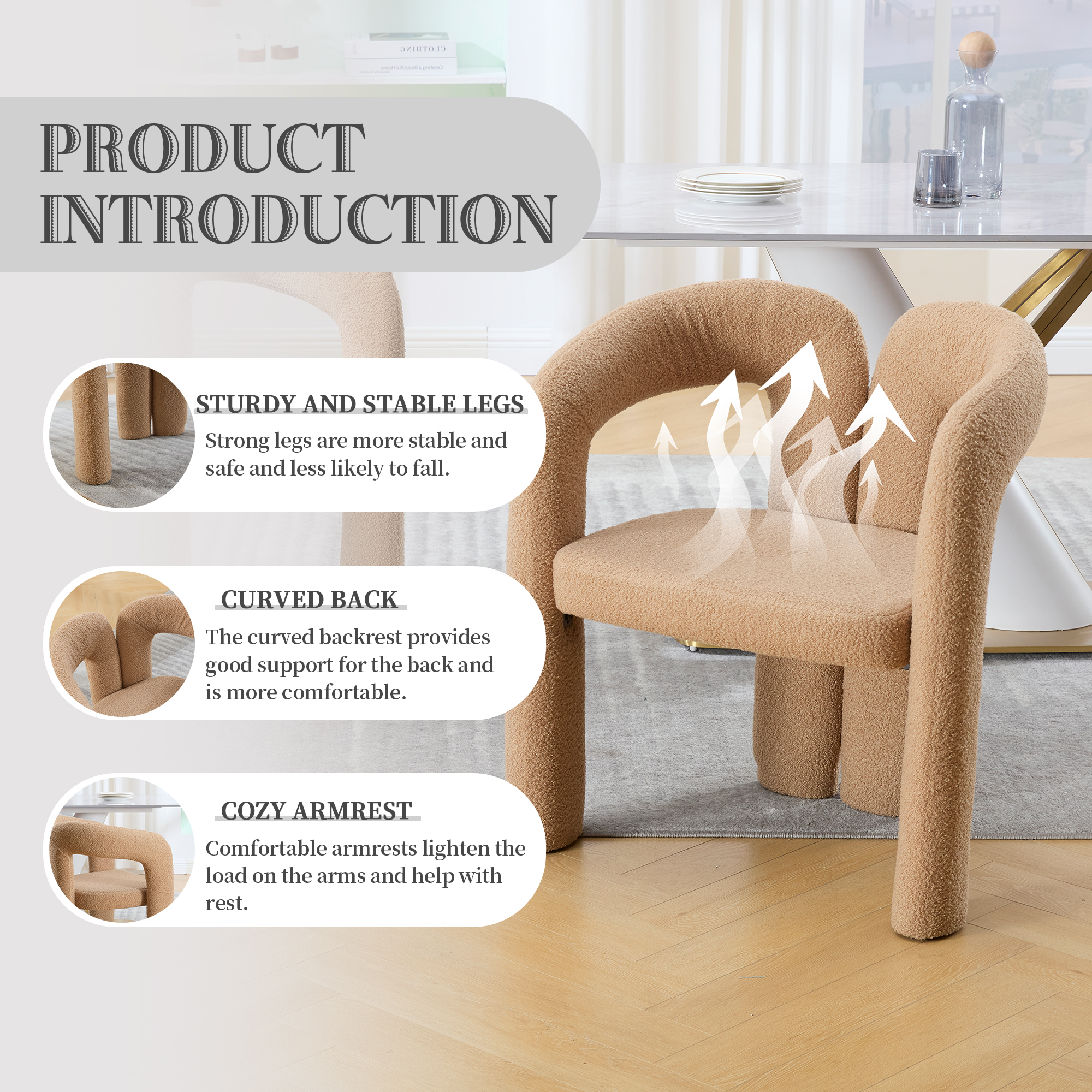 MOONMISS Teddy Fabric Upholstered Wood Frame Contemporary Designed Dining Side Chair（set of 2）-Camel