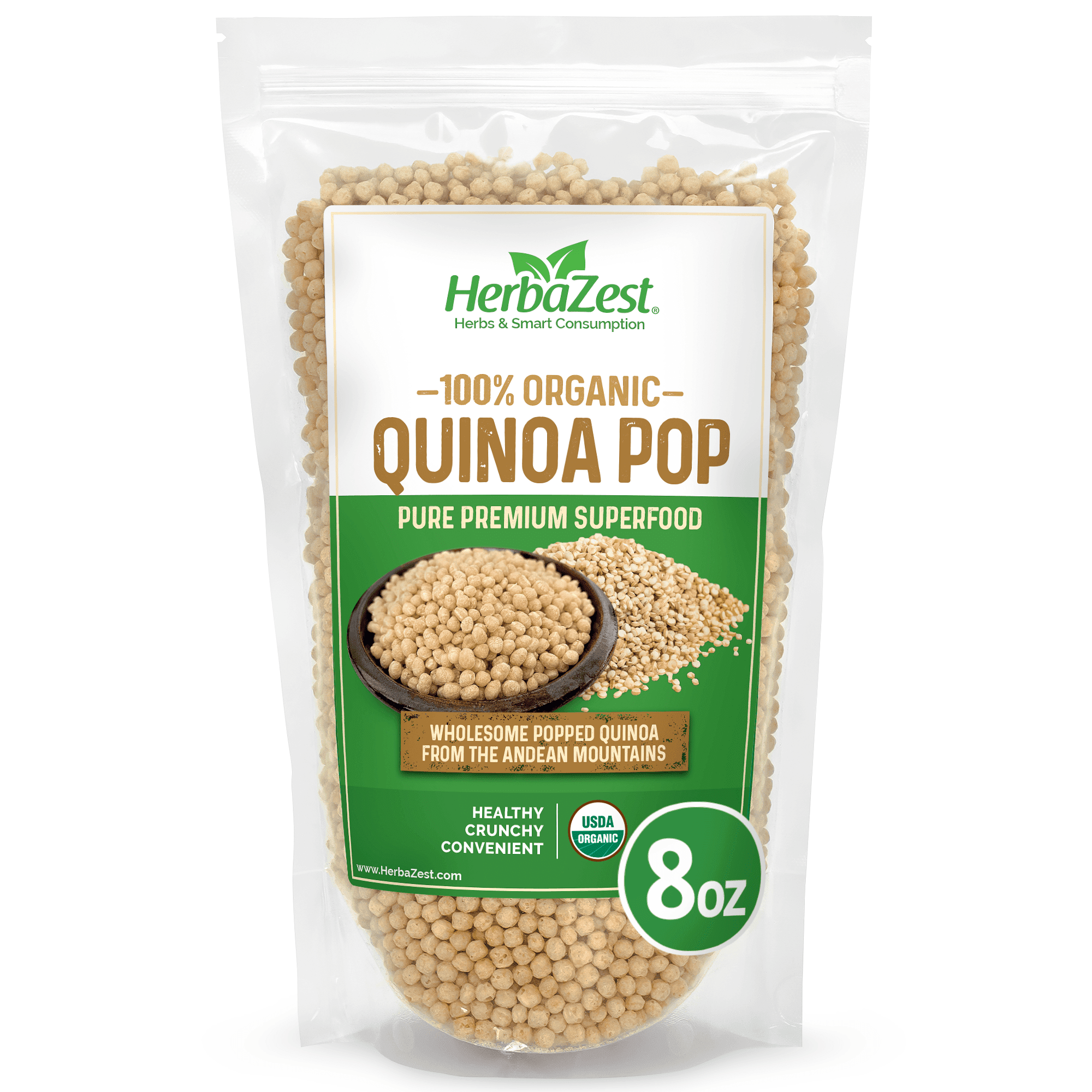 HerbaZest Quinoa Pop | 8 oz | USDA Certified Organic | Vegan & Gluten Free | Crunchy & Convenient Option for Cereal, Yogurt & Bowls |Superfoods