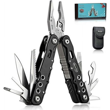RoverTac Multitool Pliers Pocket Knife Camping Tool Hiking Gear 14 in 1 Multi Tool Knife Pliers Saw Bottle Opener Safety Lock Nylon Sheath Multitool for Camping Survival Hiking DIY Gifts for Men