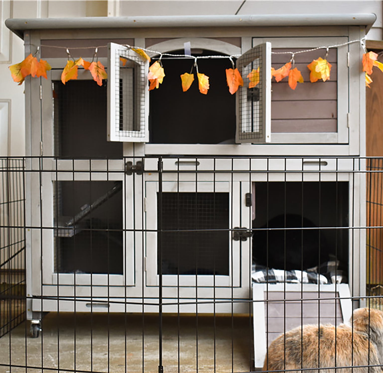 Aivituvin 2-Tier Indoor Rabbit Hutch Bunny House Guinea Pig Cage with Sliding Plastic Trays, Wheels & Ramp, 47.2" Multi-Door Wooden Small Animal Cage for Rabbits, Bunnies, and Guinea Pigs (Brown)