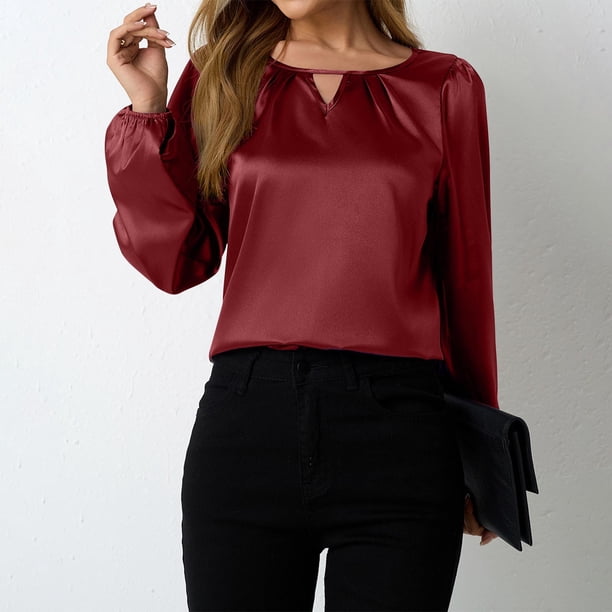 Ailaofu Women's V Neck Pleated Solid Puff Long Sleeve Blouse Shirt Top