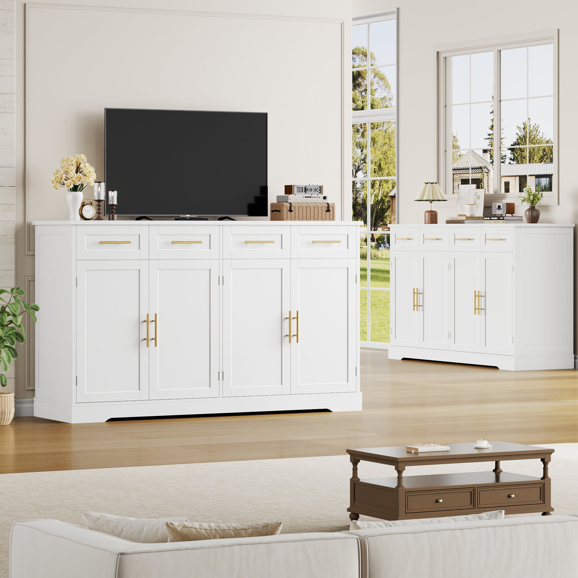 Homfa Modern Buffet Cabinet with 4 Drawers and 4 Doors, 59" W Sideboard Buffet Storage Cabinet with Shelves, for Kitchen Living Room Bedroom, White