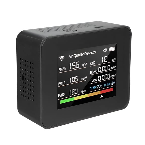 GJX Air quality detector, PM2.5 PM1.0 PM10 13-in-1 Indoor Air Quality TVOC PM2.5 PM1.0 Humidity Temperature CO₂ TVOC PM2.5 Meter Offices 13-in-1 - Alarm Timer Temperature - Time Stopwatch - Alarm