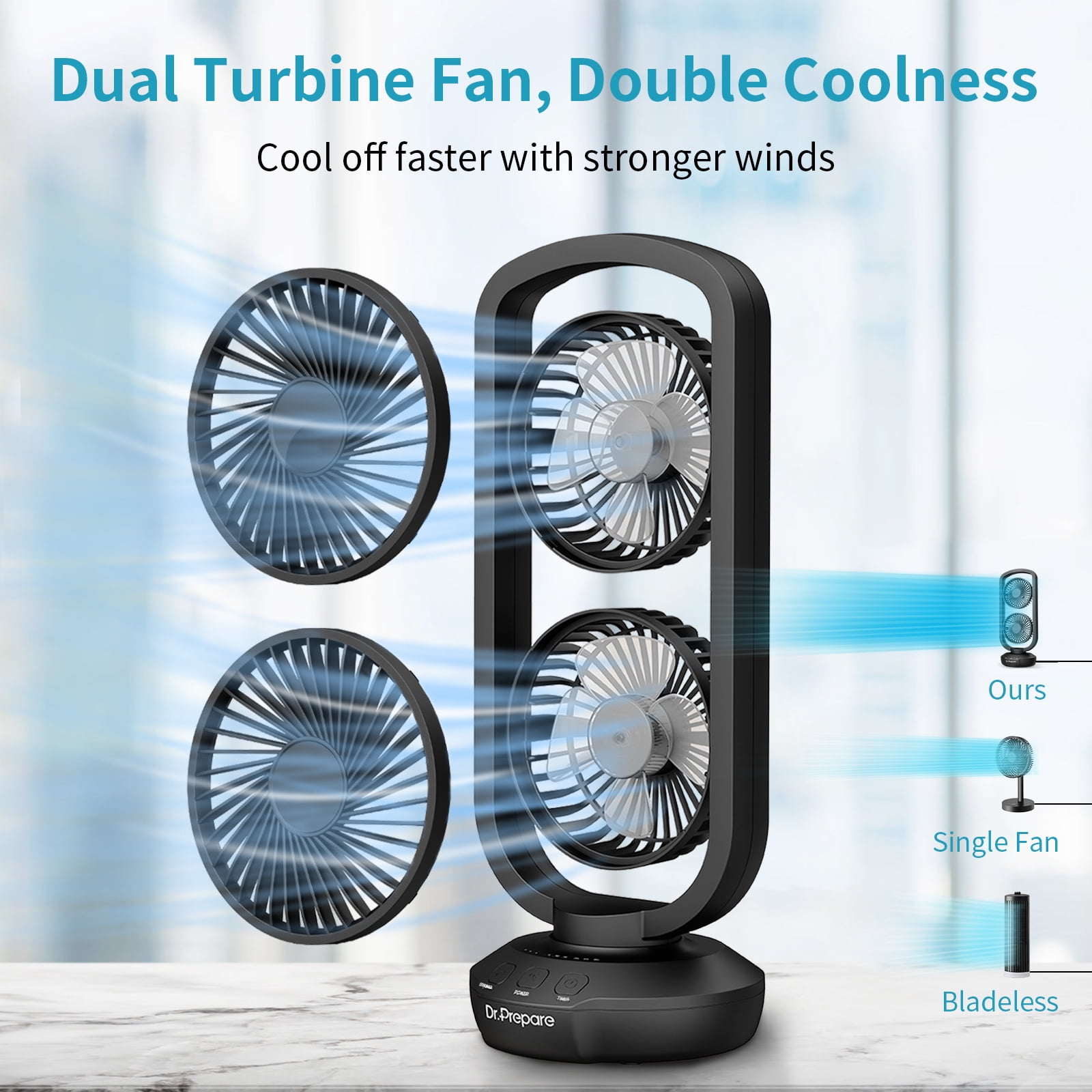 Dr. Prepare Small Tower Fan Oscillating Table Fans with 270° Tilt, 105°  Oscillating, 3 Speeds and 3 Auto-Off Timer, Portable USB Desk Fan for  Bedroom Office Home Desk 15'' 