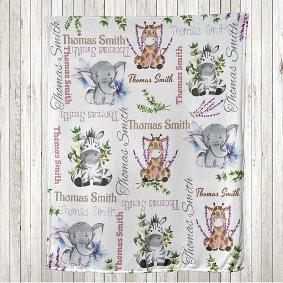 Animals Throw Blanket, Zebra Giraffe and Elephant Jungle Branches Watercolor Painting Look, Flannel Fleece Accent with Custom Name Photo Backdrop, 60" x 50", Grey Pale Brown and Violet, by Ambesonne