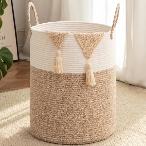 Laundry Basket, Woven Cotton Rope Laundry Hamper for Decor Storage of Dirty ClothesToys and Blankets in Bathroom, Baby Room and Living Room