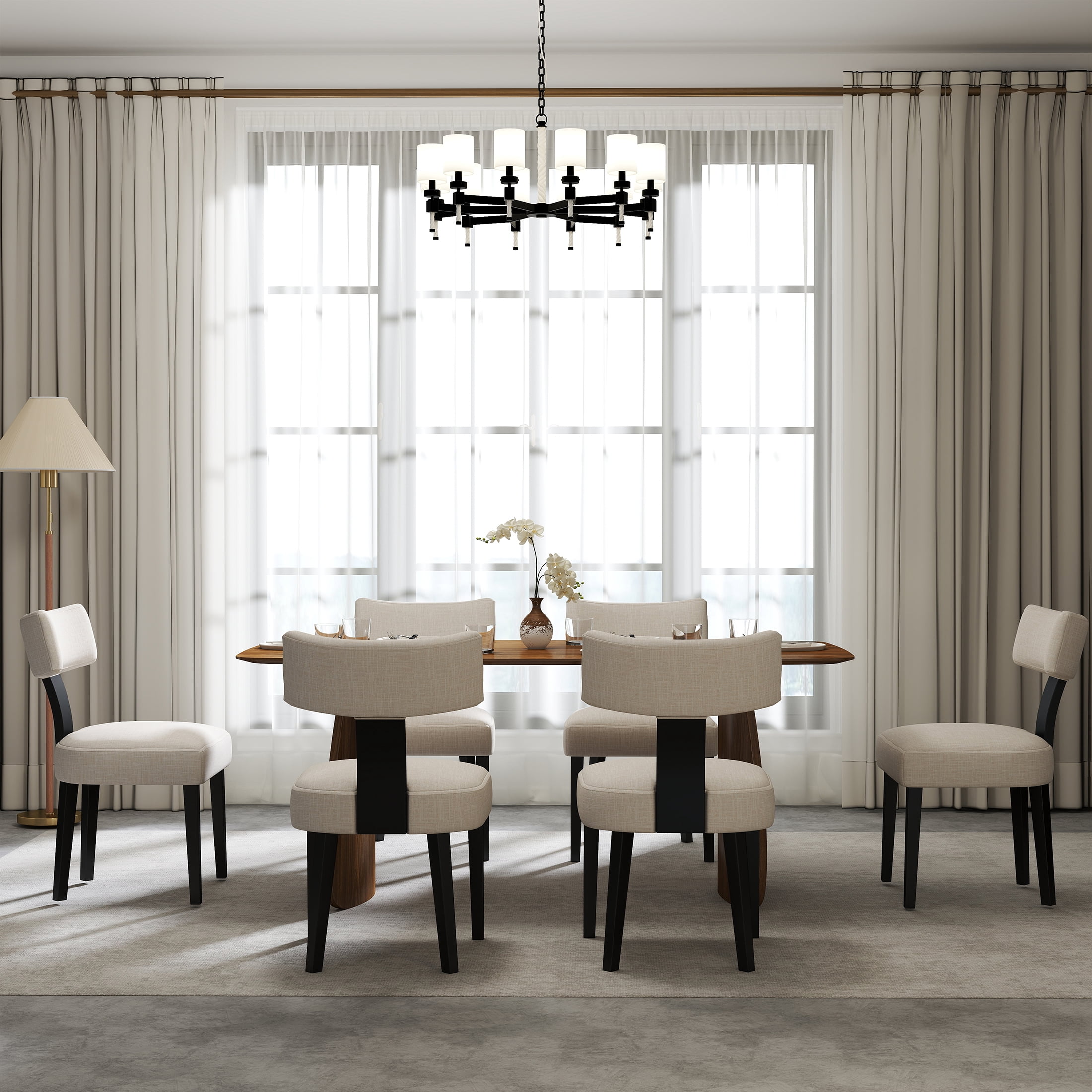 Guyou Dining Chairs Set of 2, Mid-Century Modern Linen Upholstered Kitchen Chairs with Curved Backrest, Wooden Side Chairs for Dining Kitchen Living Room Bedroom, Beige
