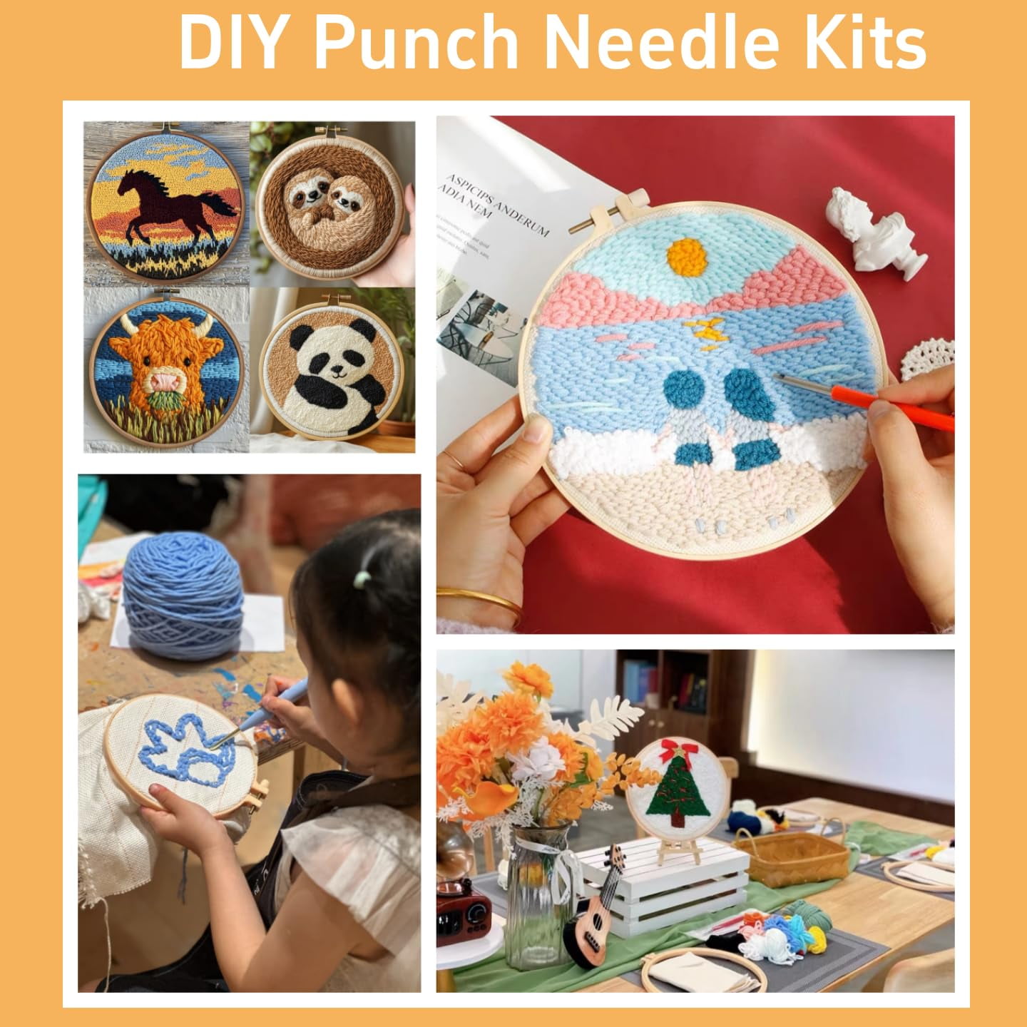 4 Set DIY Punch Needle Coaster Kits Abstract Sea Wave Sunset Flower Easy for Beginners with Adhesive Felt Hoop Punch Needle Embroidery Starter Set with Pattern for Drink Cups Mat Home Decor-17