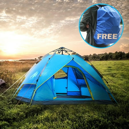 - 3/4 People Waterproof Hydraulic Automatic Camping Tent + Free Backpack Rain Cover, IClover Portable Pop Up Camping Family Sun Shelter Tents Cabana Anti-mosquito for Outdoor Hiking Sleeping Napping
