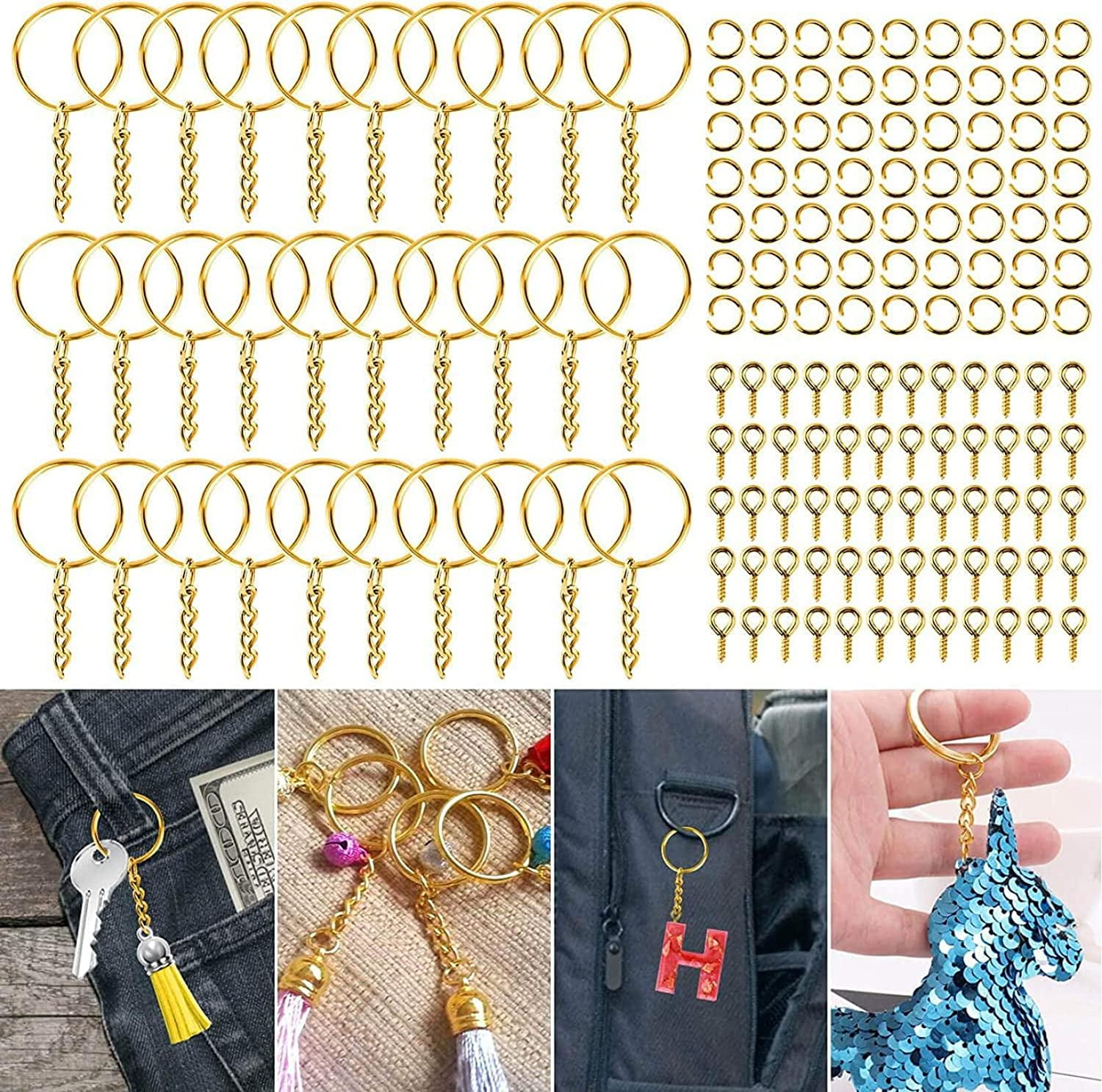 300Pcs Keychain Rings kit, Includes 100Pcs Key Rings with Chain, 100pcs  Jump Rings and 100pcs Screw Eye Pins, Keychain Rings Bulk for Resin Crafts