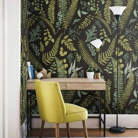 Botanical Fern Leaves on Black Wallpaper