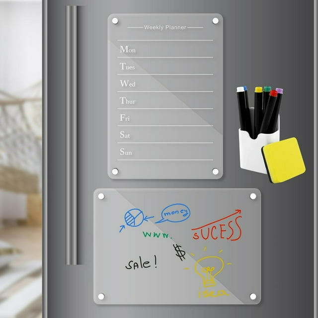 EIMELI 2PCS 8.7x13inch Acrylique Calendrier Magnétique Ensemble de Planification Transparent Tableau Calendrier avec 6 Marqueurs Stylo Titulaire Gomme Réutilisable Hebdomadaire Réfrigérateur Conseil pour la Maison de Bureau