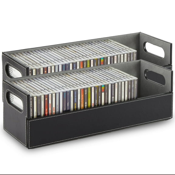 Stock Your Home 2- Pack CD Storage Box, Organizer Shelf for Movie Cases, DVDs, Cassette Tape Display Stand, Disc Holder Can Store Up to 40 CDs, Faux Leather (Black with Gray Interior)