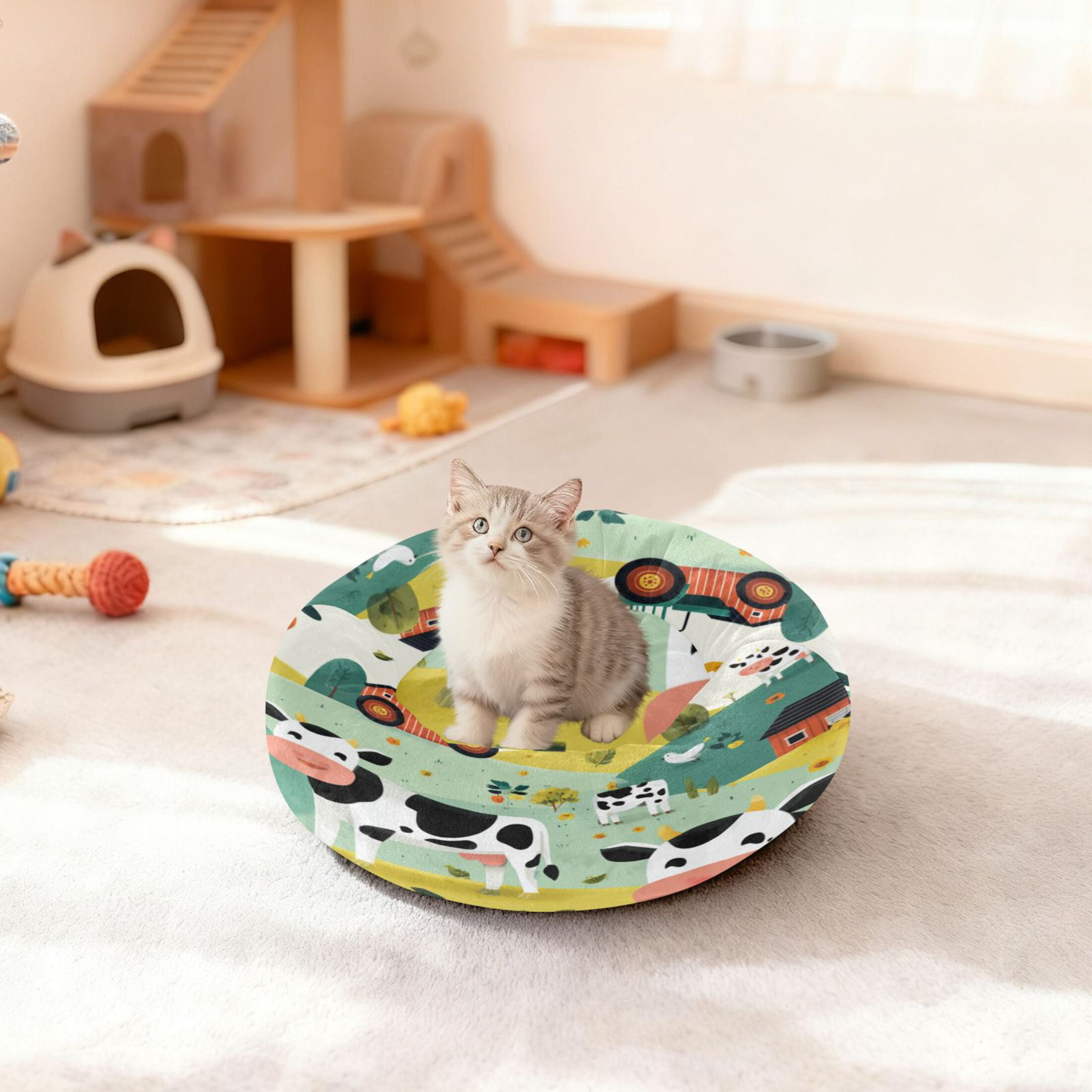Iauyy Pet Couch Donut Cat Bed for Indoor Cats/Small Dogs Washable & Machine with Non-slip Bottom Calming Cat Furniture, Farm with Tractors (M)
