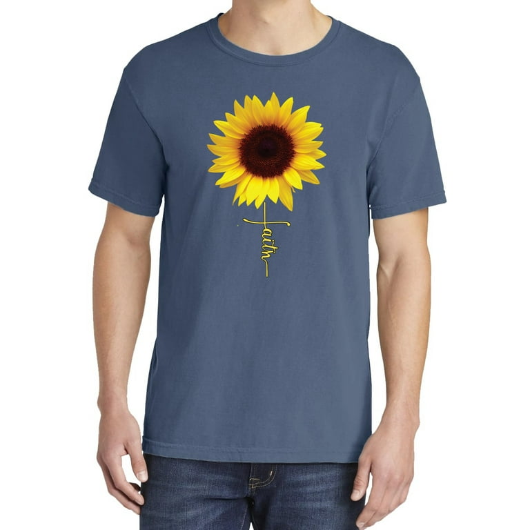 Wild Bobby,Sunflower Christian Faith Cross, Streetwear, Garment-Dyed Washed  Look Short Sleeve T-Shirt, Navy, X-Large