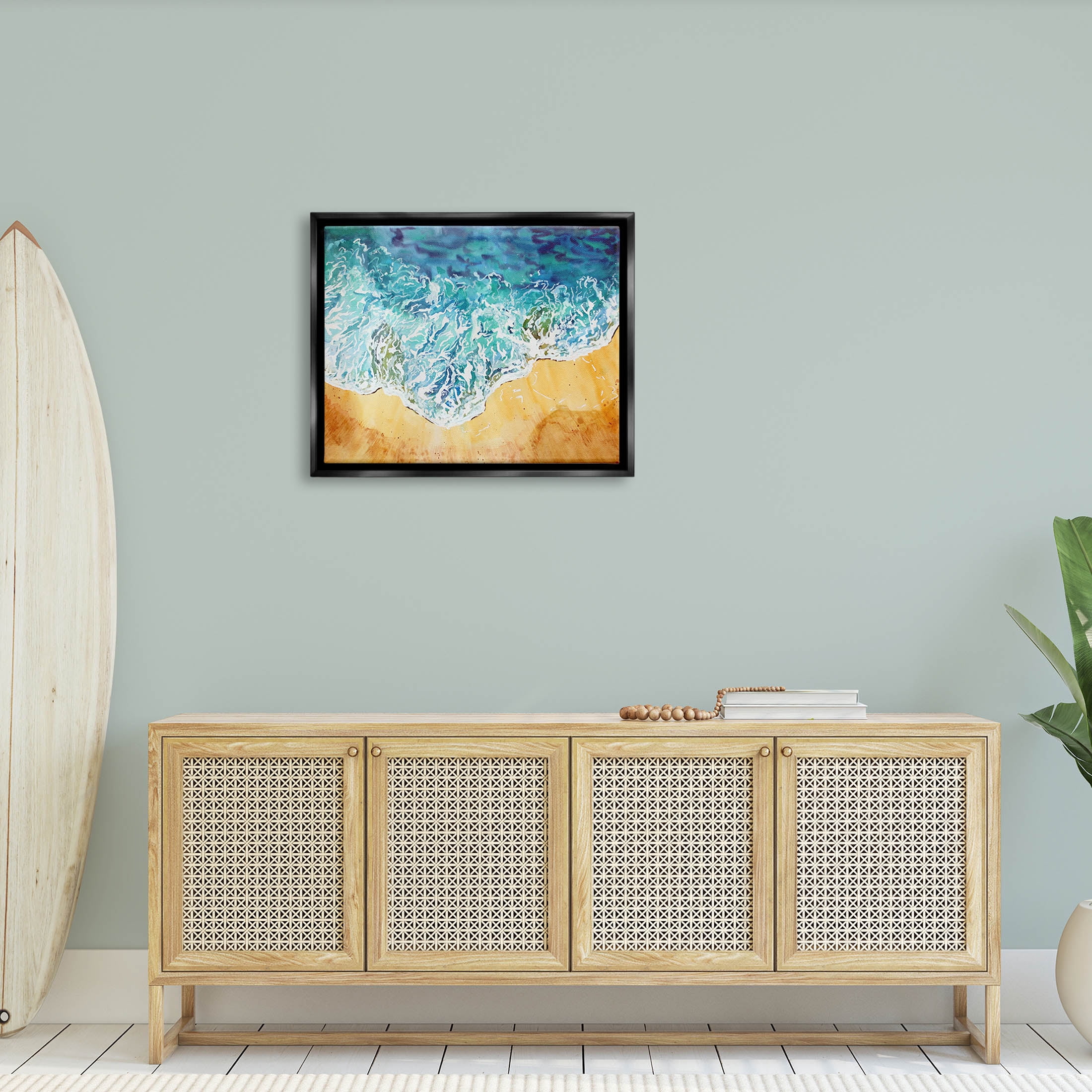 Aerial Wave Splash Shore Coastal Graphic Art Jet Black Framed Art Print Wall Art