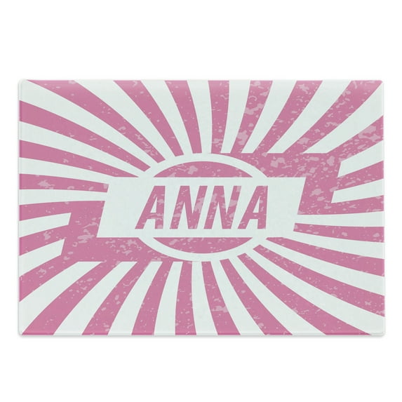 Anna Cutting Board, Retro Style Girls Name Design with Striped Backdrop and Grunge Appearance, Decorative Tempered Glass Cutting and Serving Board, Large Size, Pale Pink and White, by Ambesonne
