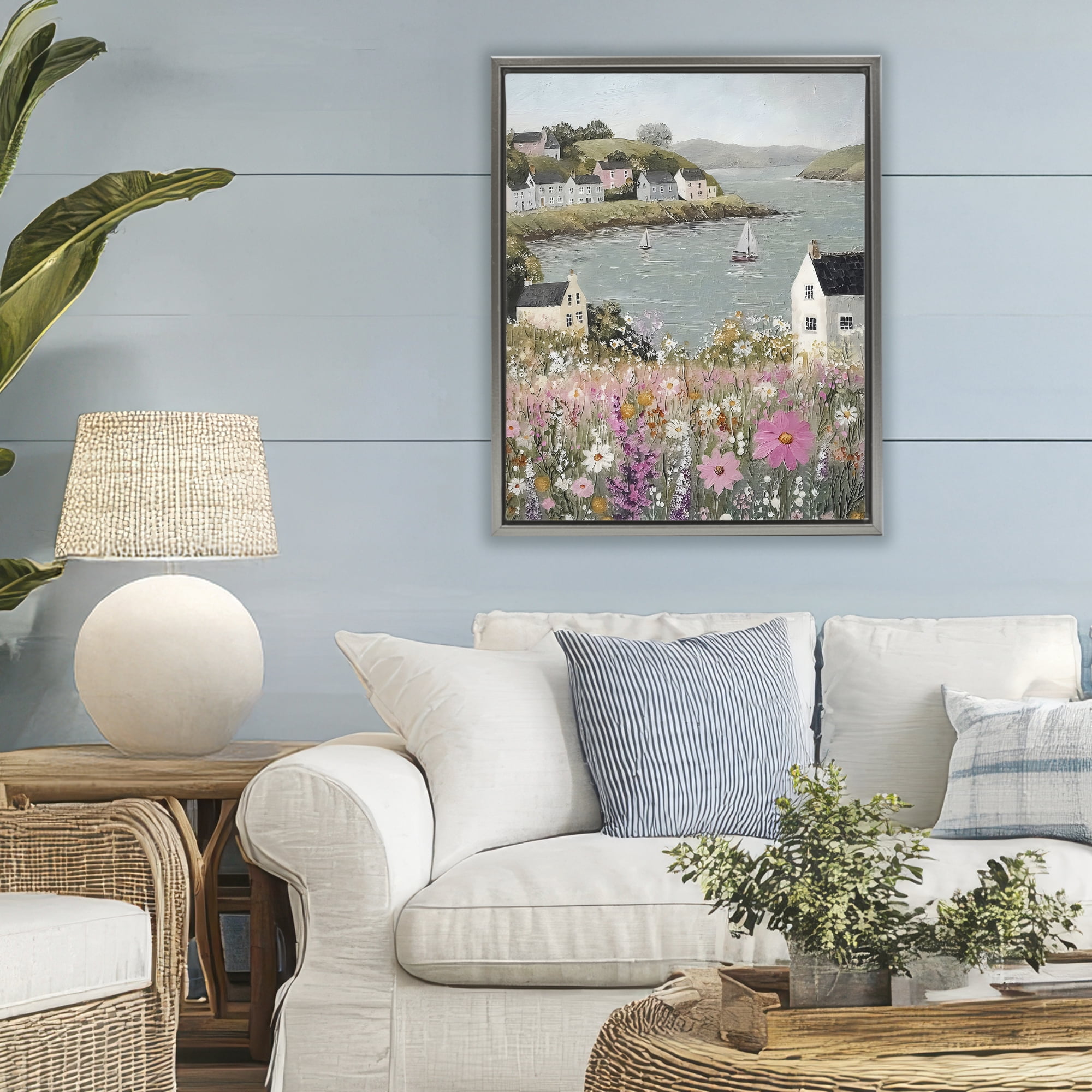 Stupell Industries Seaside Cottages & Sailboats Gray Framed Floater Canvas Wall Art, design by Riley B