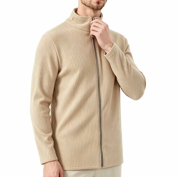 LODIENY Men Full Zip Cardigan Sweater Stand Collar Regular Fit Ribbed Knit Thermal Sweaters Long Sleeve Baggy Casual Fall Winter Outfits Khaki S
