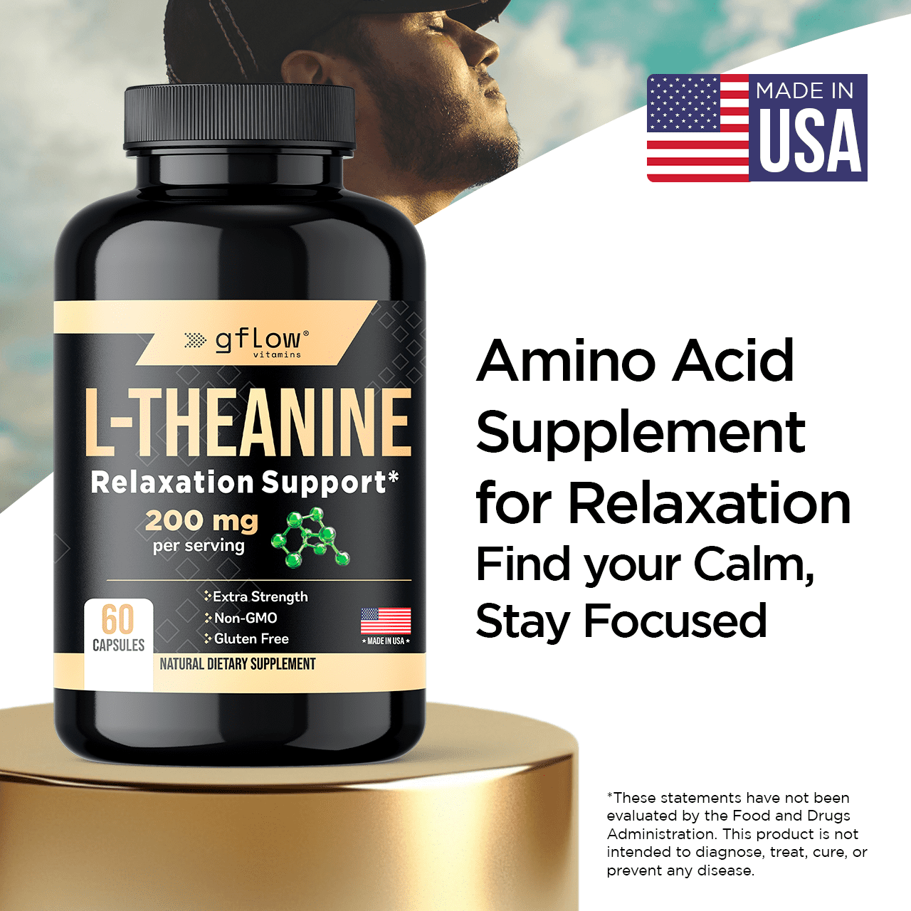 Gflow Vitamins L-Theanine 200 mg in vegetable capsules for relaxation and focus | Made in the USA