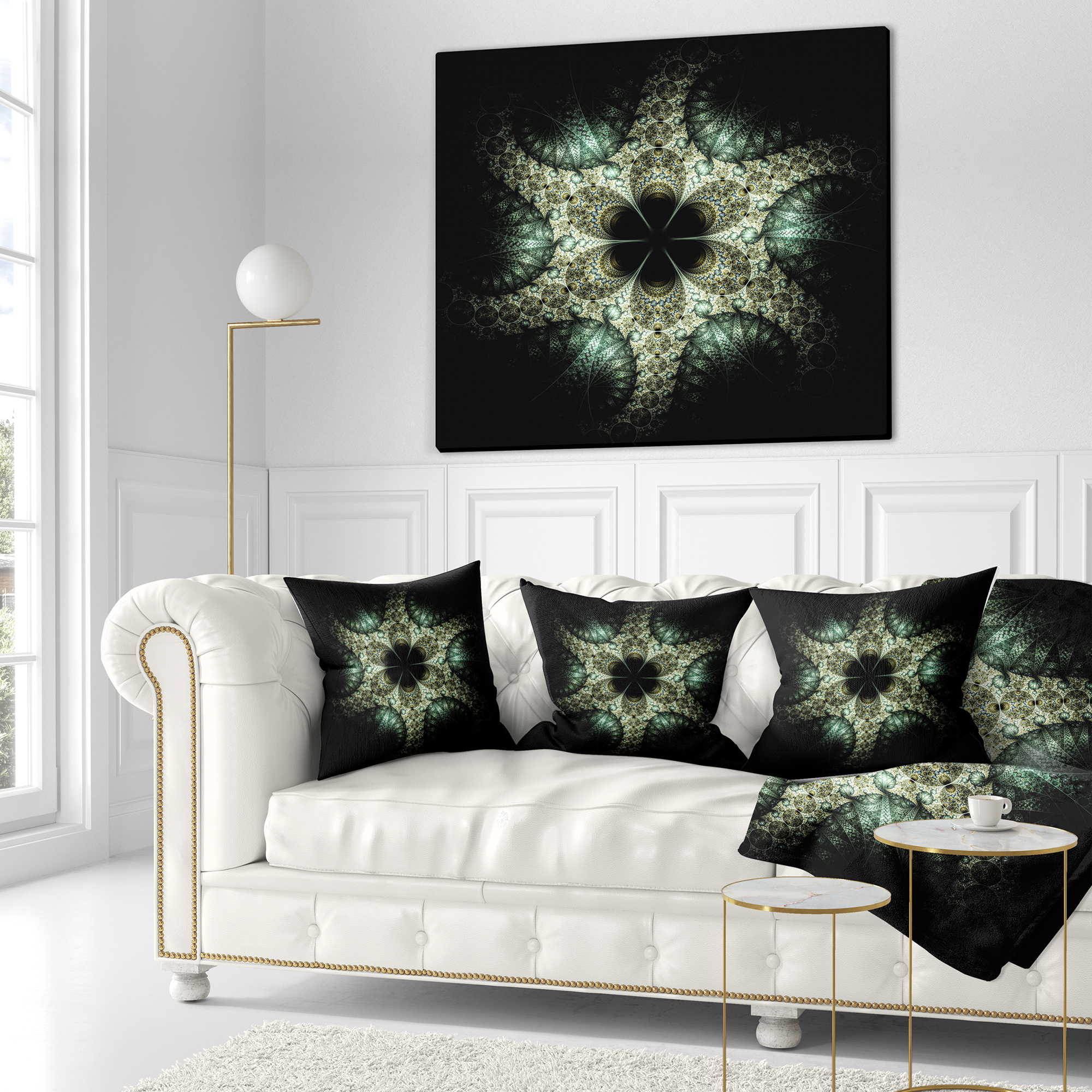 Designart Yellow and Green Fractal Flower - Abstract Throw Pillow - 18x18