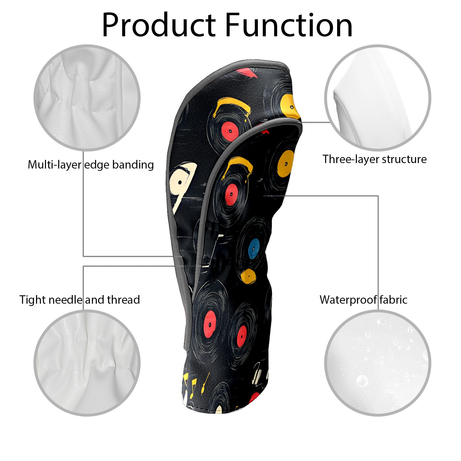 Golf Club Covers, Black MusicRecord Premium PU Leather Driver Hybrid Putter Head Covers with Velvet Lining, Waterproof Golf Gifts for Men Women