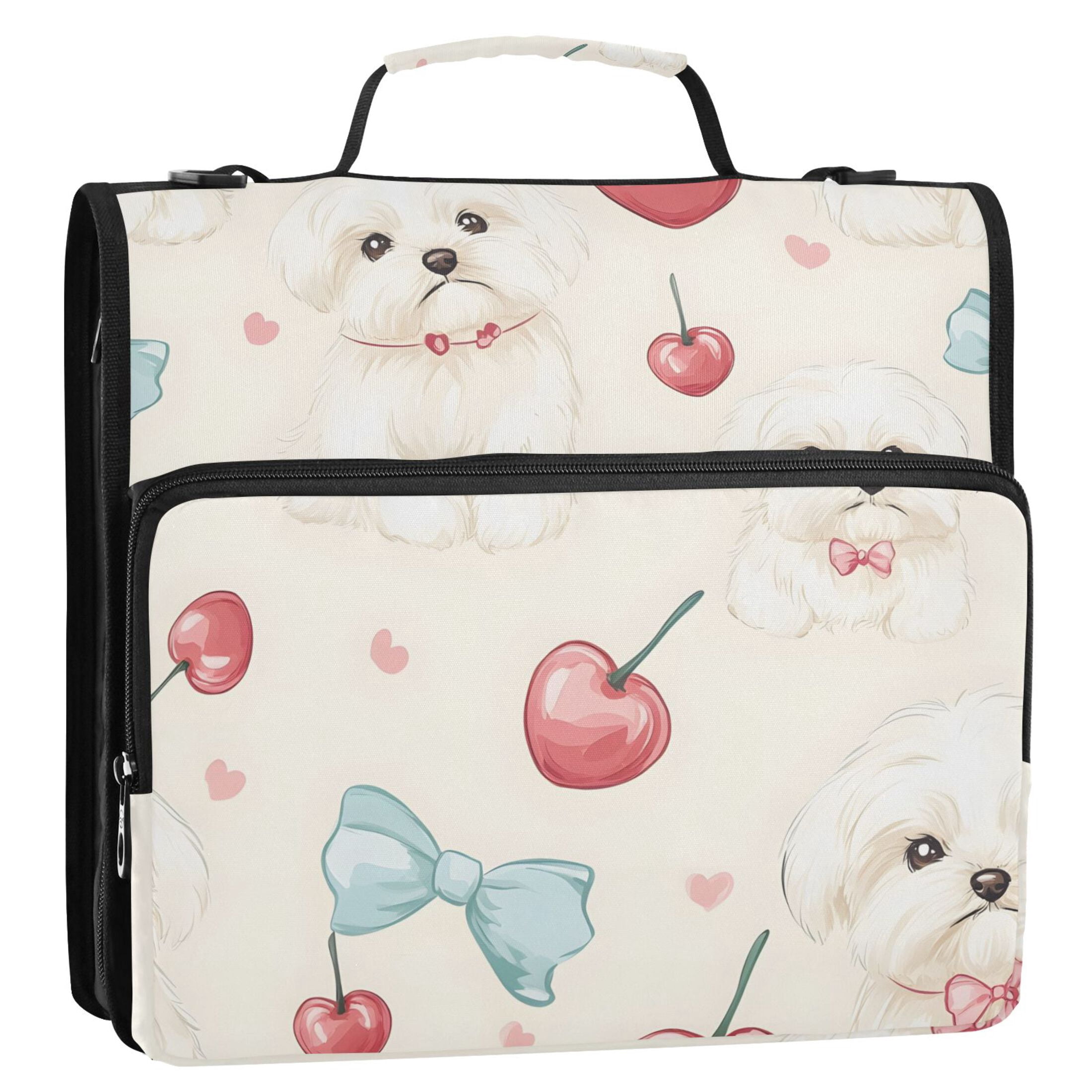 3 Ring Zipper Binder with Shoulder Strap Waterproof Trapper Keeper 2 Inch D-Ring 500 Sheets Capacity Cute Dogs Cherry Bow