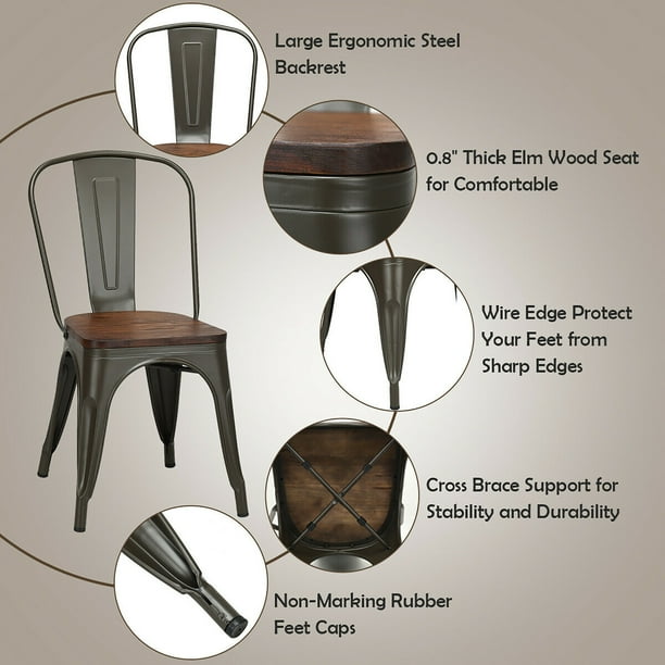 Costway set of 4 style metal dining sale side chair wood seat stackable bistro cafe