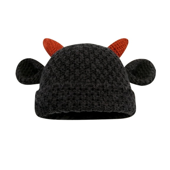 Unisex Cute Horns Bear Ears Beanie Winter Crochet Hat Animal Lover Gift Hoodie Trendy Black