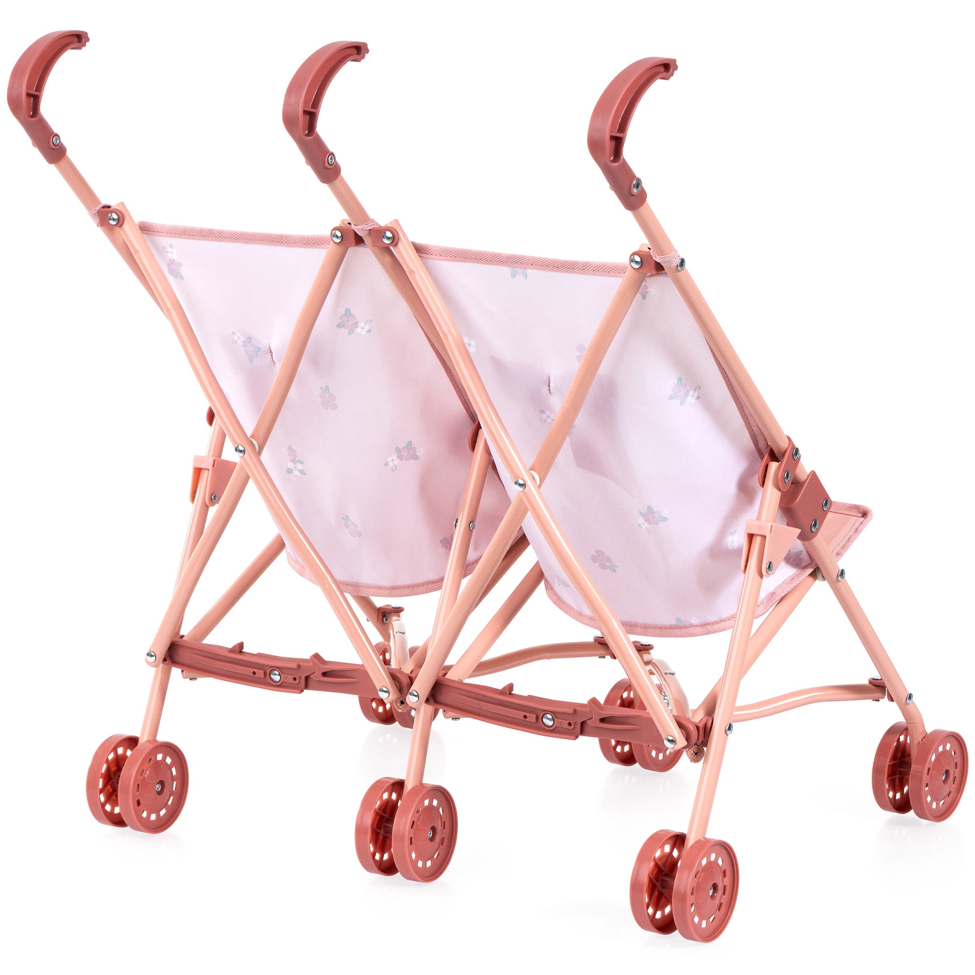 Bayer Design: Doll Twin Buggy - Pink & Flowers - Umbrella Push Stroller, Foldable, Side-By-Side Seats, Roleplay Toy Fits 18" Dolls, Kid-Toddler 18mo+