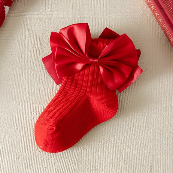 TELOLY Kids Girl Cotton Ankle Socks - Ribbed Non-Slip with Satin Bow, Red, Festive and Everyday Wear (Sizes S-XL), Size 1 T
