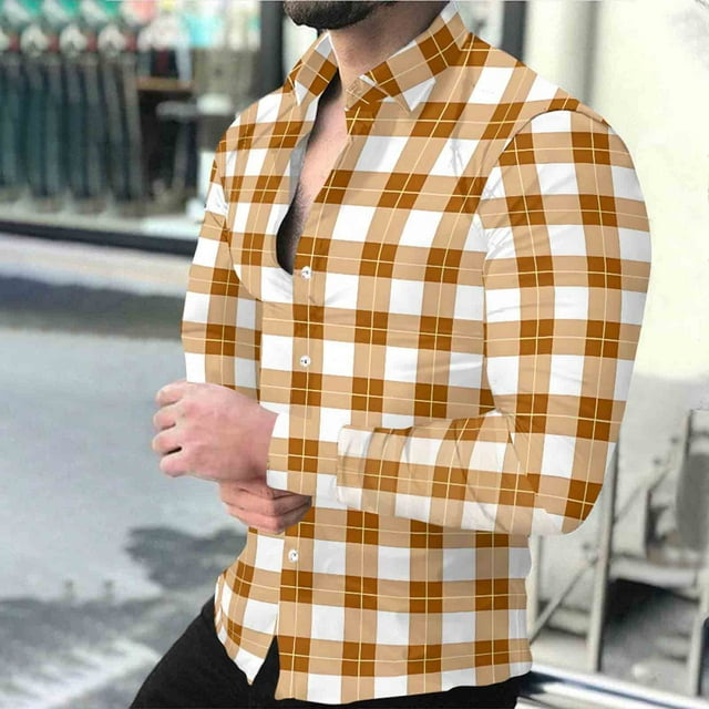 Timdgard Button down Shirts for Men Fall Plaid Lapel V Neck Long Sleeve Shirts Work Casual Tops
