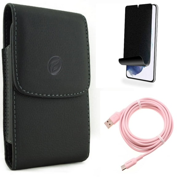 For Samsung Galaxy S21 (6.2") - [Fingerprint Works] TPU Film Privacy Screen Protector   Holster Leather Case Belt Clip   Charger Cord Pink 10ft Long USB-C Cable