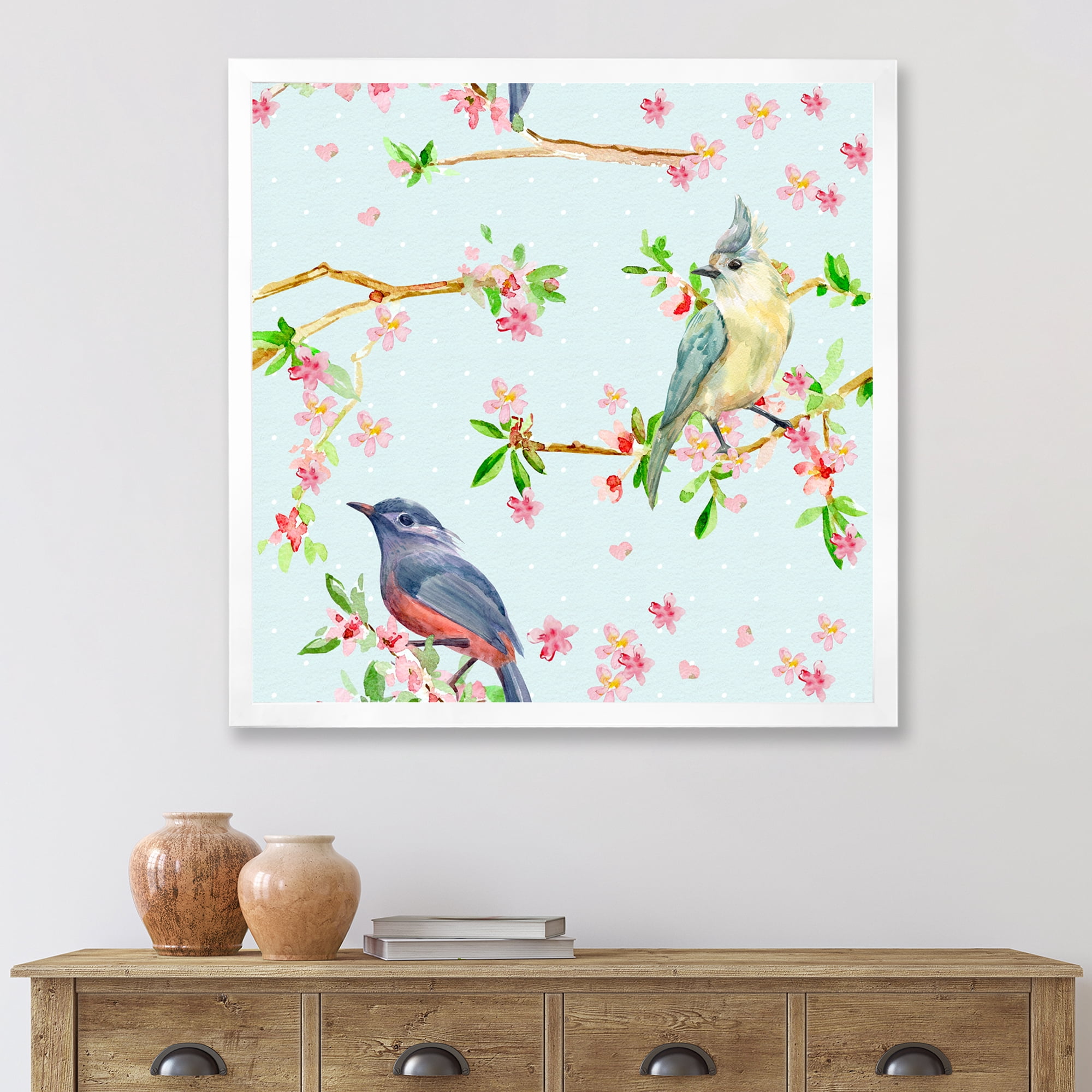 Designart 'Birds and Flowers Pattern In Blue' Traditional Framed Art Print