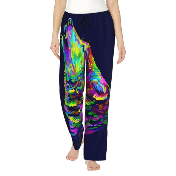 Fotbe Howling Wolf Pantalones de Pijama para Mujer, Pantalones de Dormir, Pantalones Pj con Cordón y Bolsillos-Small