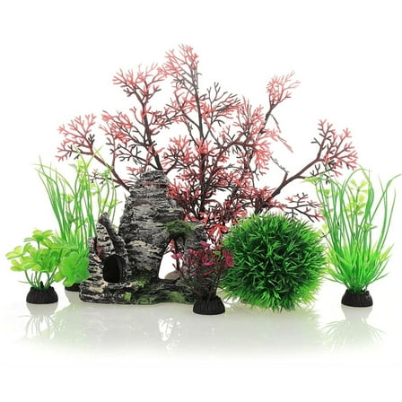 GreenJoy 7 Pack Fish Tank Plastic Plants and Cave Rock Decorations Aquarium Decor Type Small Size