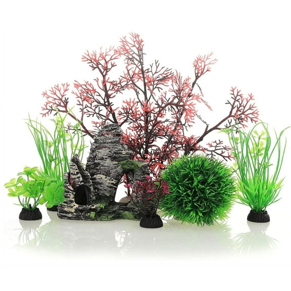 GreenJoy 7 Pack Fish Tank Plastic Plants and Cave Rock Decorations Aquarium Decor Type Small Size