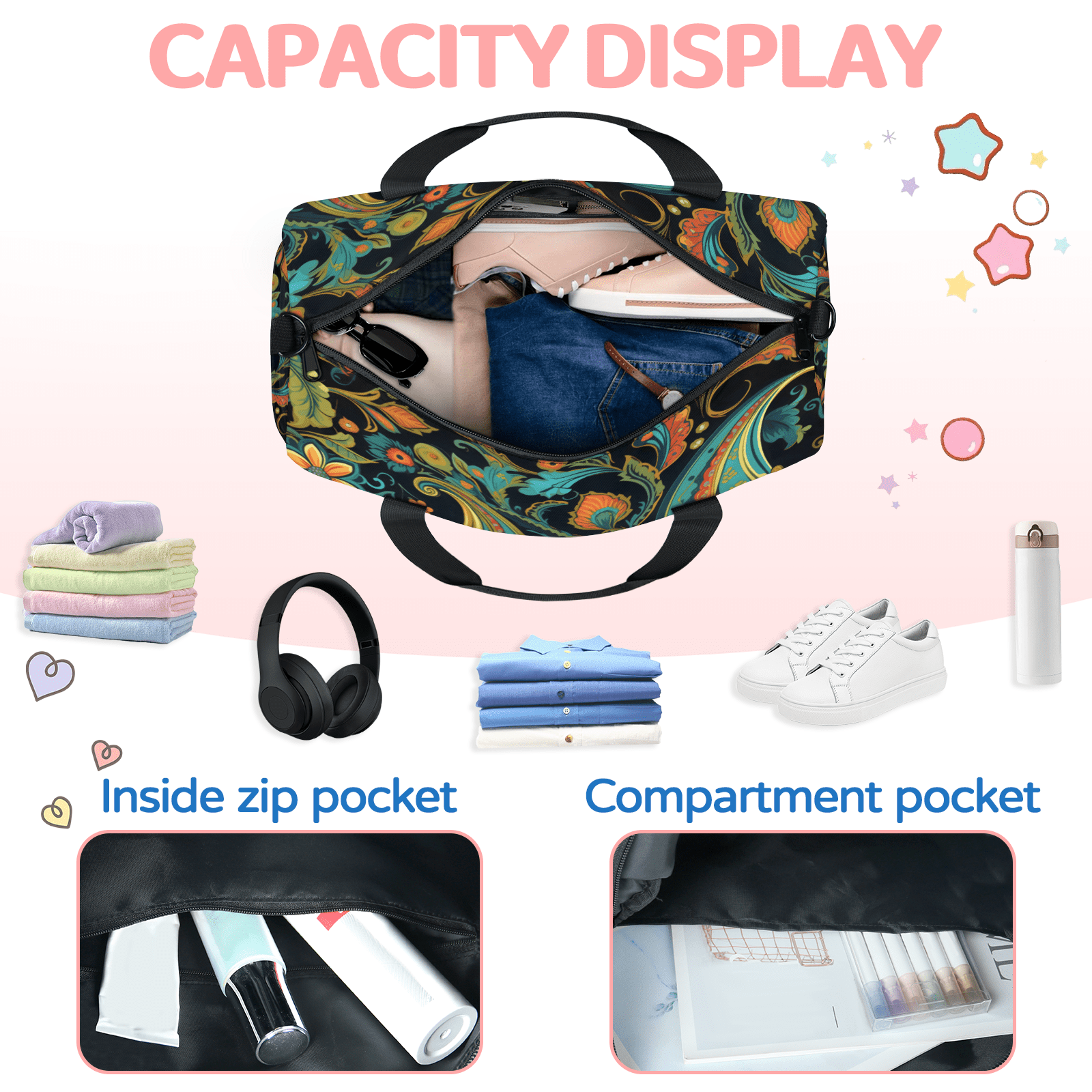 Herdesigns Paisley Flowers Gym Bag for Women, Duffle Bag for Travel Sport, Lightweight Waterproof Carry on Weekender Overnight Dance Yoga Workout Bags