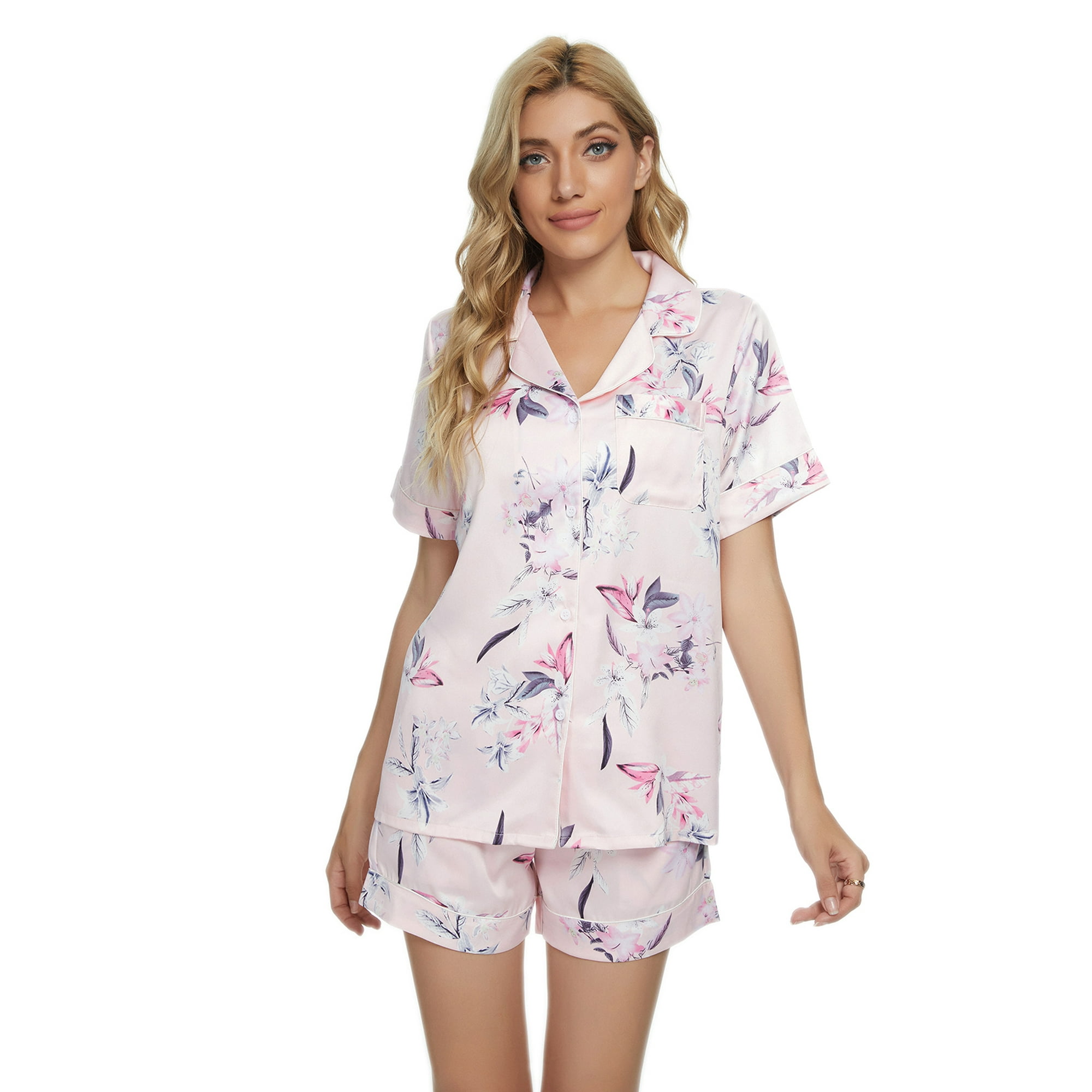 MintLimit Womens Pajamas Set Button Down Short Sleeve Floral Pajama Set Ladies Sleepwear Lounge Set 2 Piece Pjs Sets for Women Pink XXL