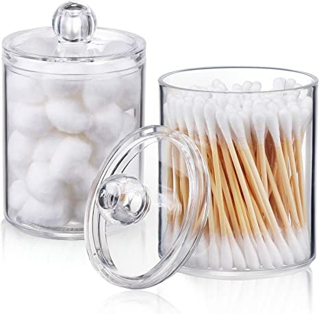 2-Pack Qtip Holder Dispenser for Cotton Balls, Cotton Swabs, Cotton Round Pads, Dental Floss - 10oz Clear Plastic Elixir Jar Set for Bathroom Jar Storage Organization, Dresser Makeup Organizer