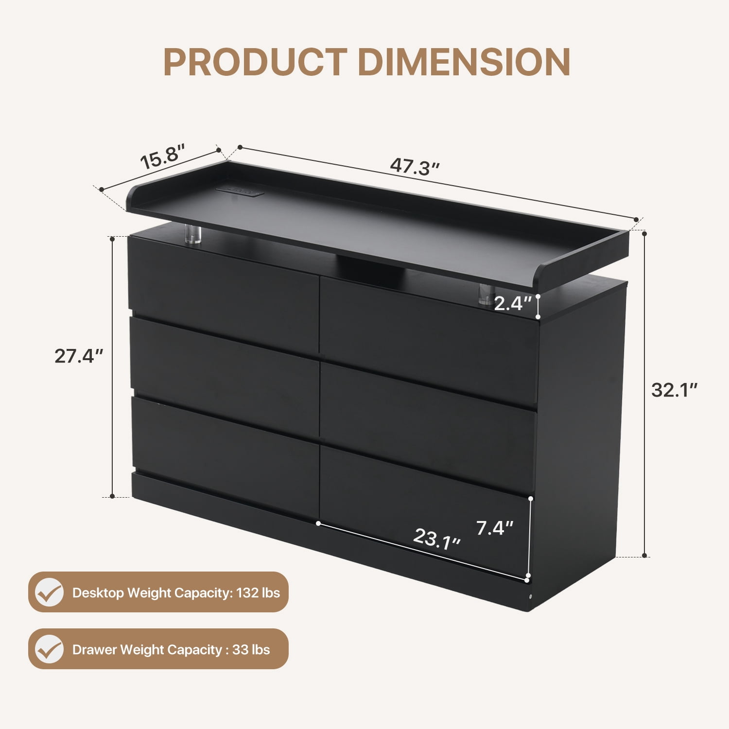 BaPiPro 47-Inch Black 6 Drawer Dresser, Modern High Gloss Chest with LED Light & Glass Tabletop, Large Capacity Storage Cabinet for Bedroom or Living Room