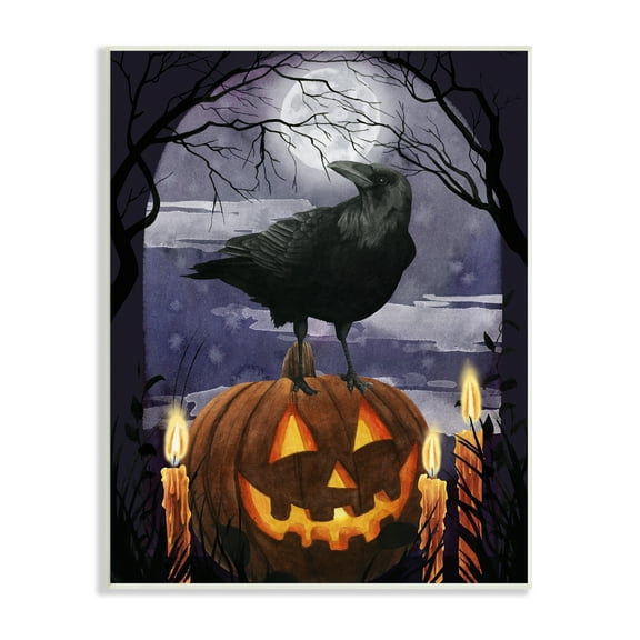 Stupell Industries Spooky Halloween Night Sky Crow Jack-o'-lantern Full Moon, 10 x 15, Design by Grace Popp