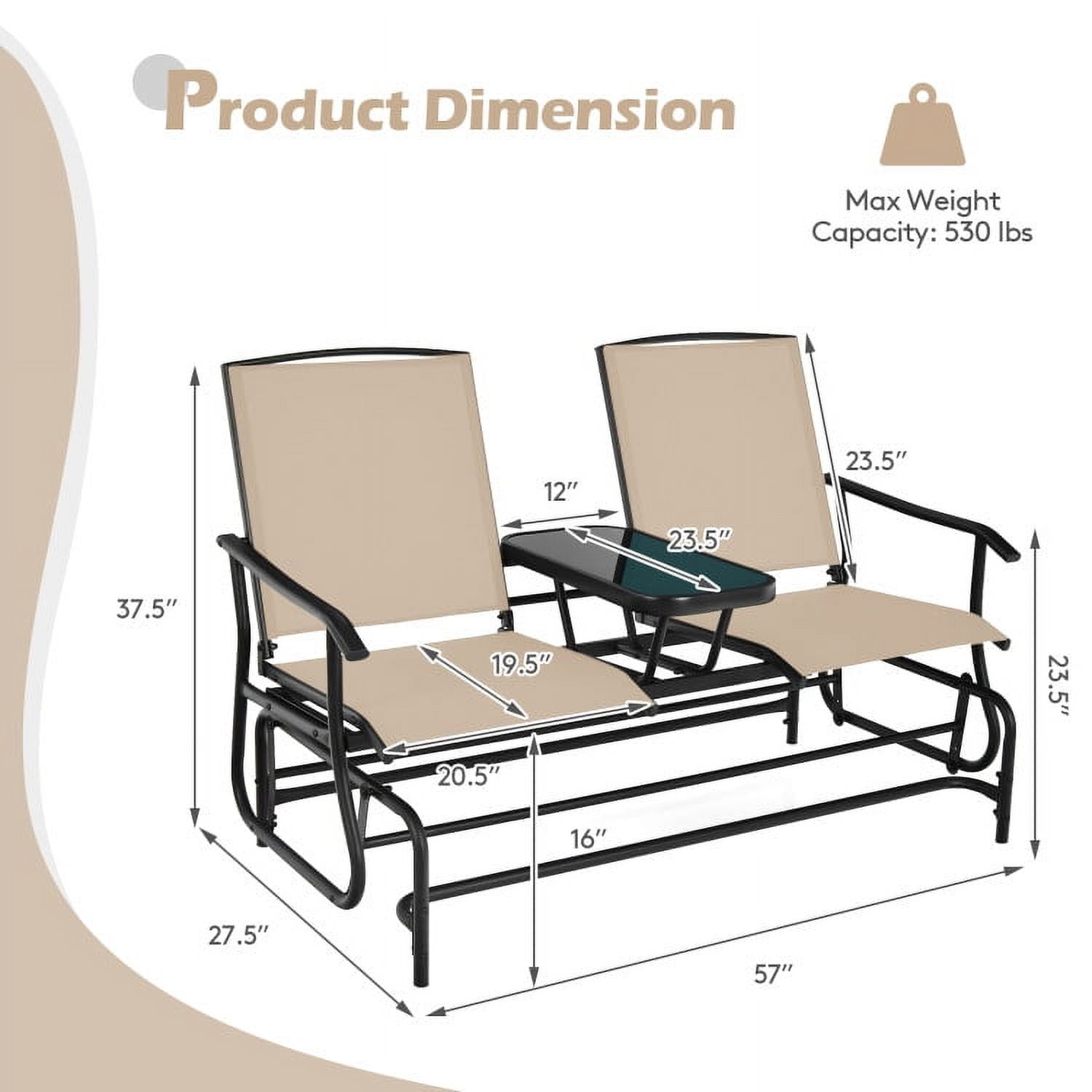 Aimee Lii Outdoor Patio Furniture Set, 2-Person Double Rocking Loveseat with Mesh Fabric and Center Tempered Glass Table, Light Brown