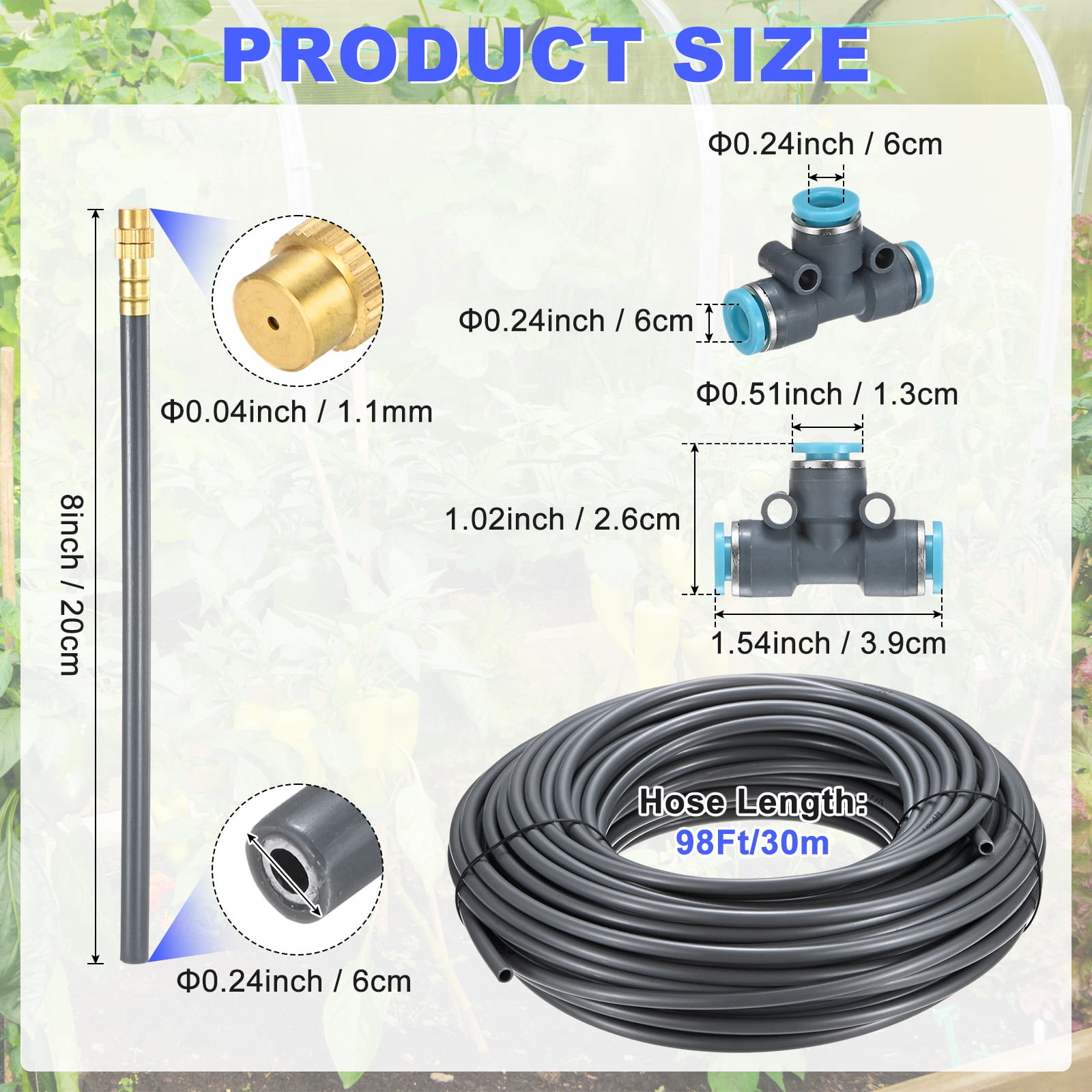 Uxcell 1-Set Drip Irrigation System, 98Ft 1/4" Hose Garden Watering Misting System with 16pcs 360° Adjustable Copper Nozzles