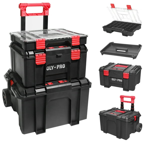 OLY-PRO Modular Tool Box Storage System – 250 lbs Heavy Duty Plastic HDPE, Telescopic Metal Handle, All Terrain Wheels - Lockable, Stackable & Portable Toolbox for Industrial & Garage