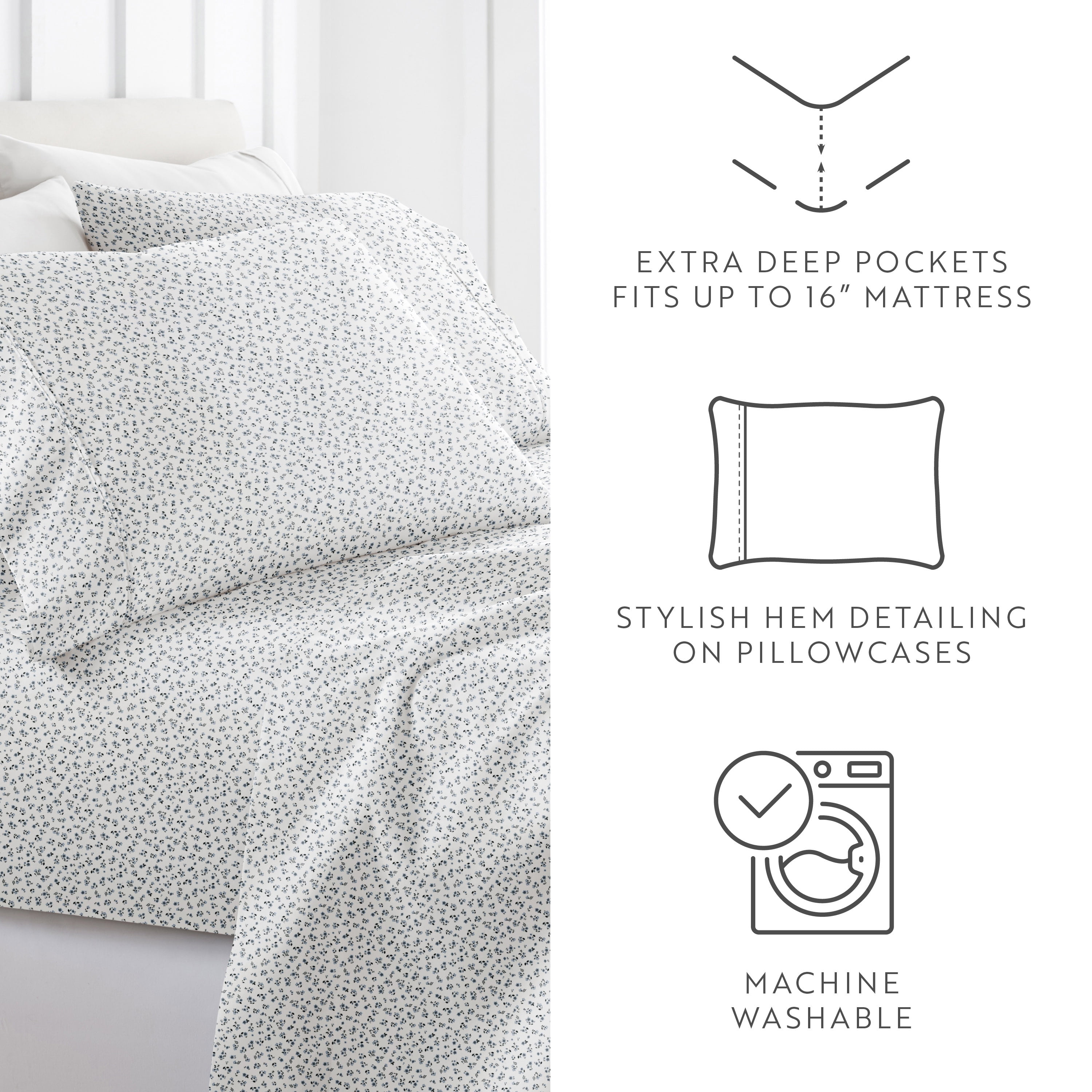 Noble Linens 4 Piece Pattern Microfiber Bed Sheets Set, Ditsy Blossom Light Blue, Full