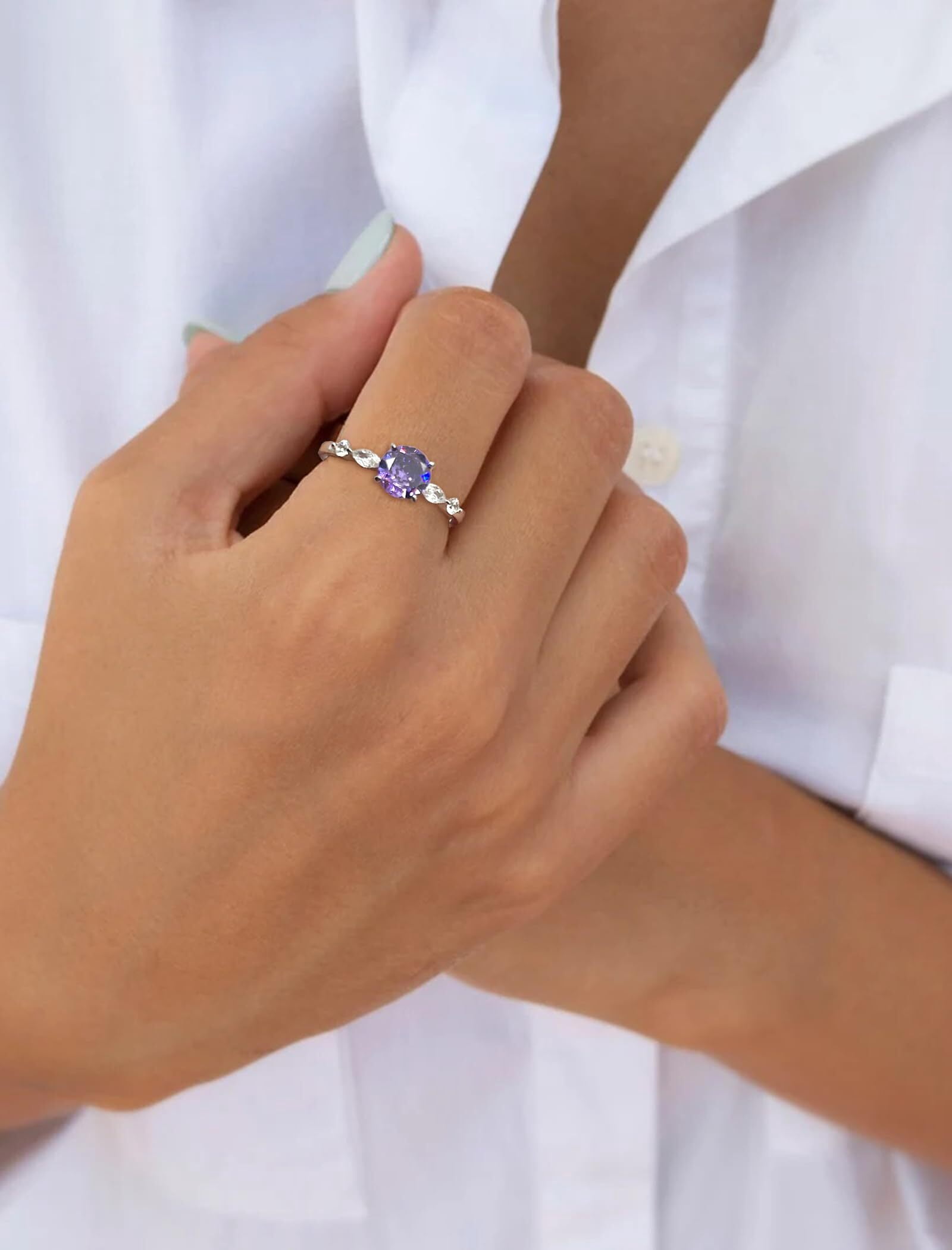 Starchenie Round Promise Rings for Her | 925 Sterling Silver Halo Ring | February Birthstone Amethyst Engagement Wedding band for Women Size 6